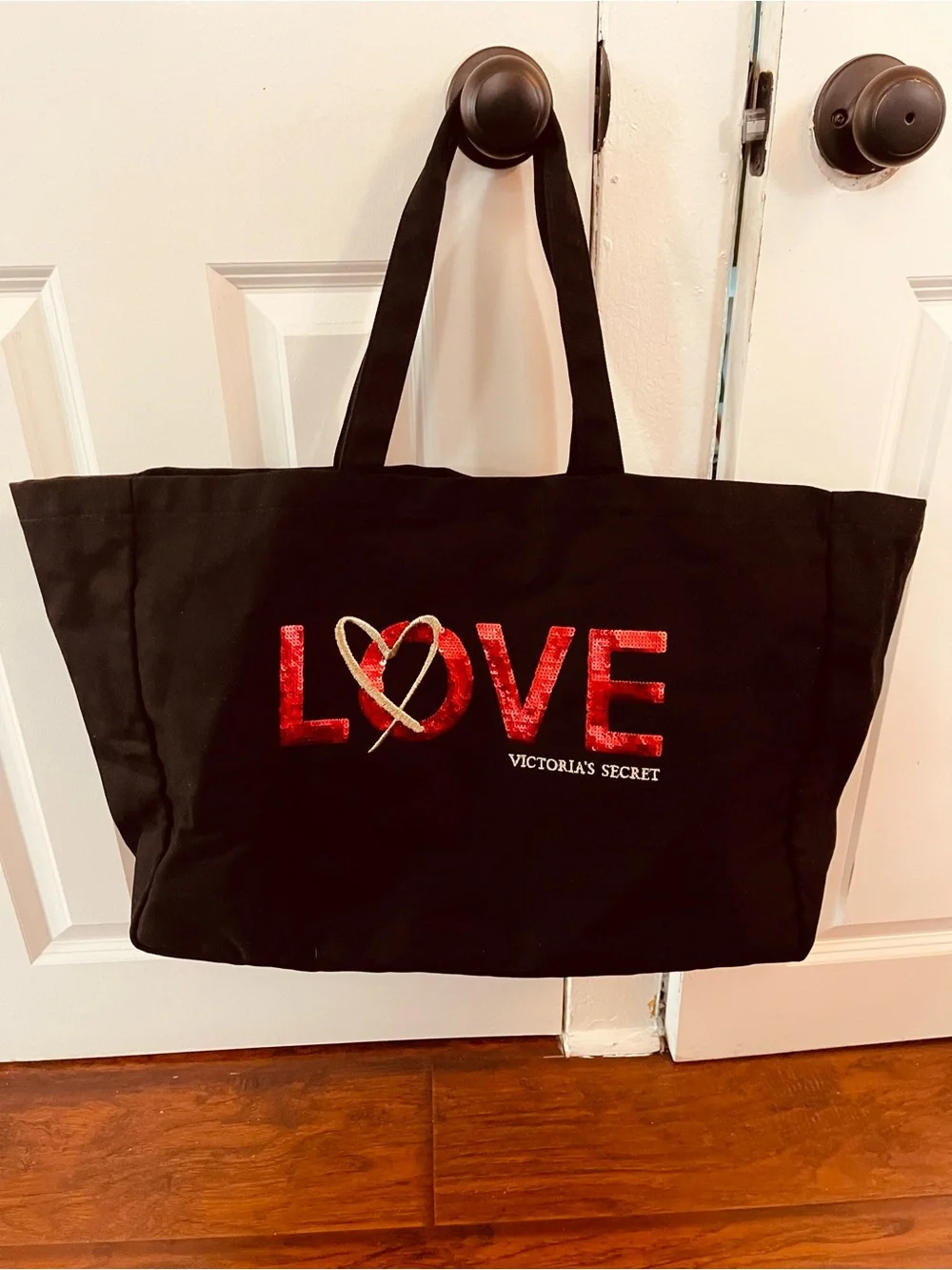 Victoria's Secret Black Tote with Red Sequin LOVE and Gold Heart